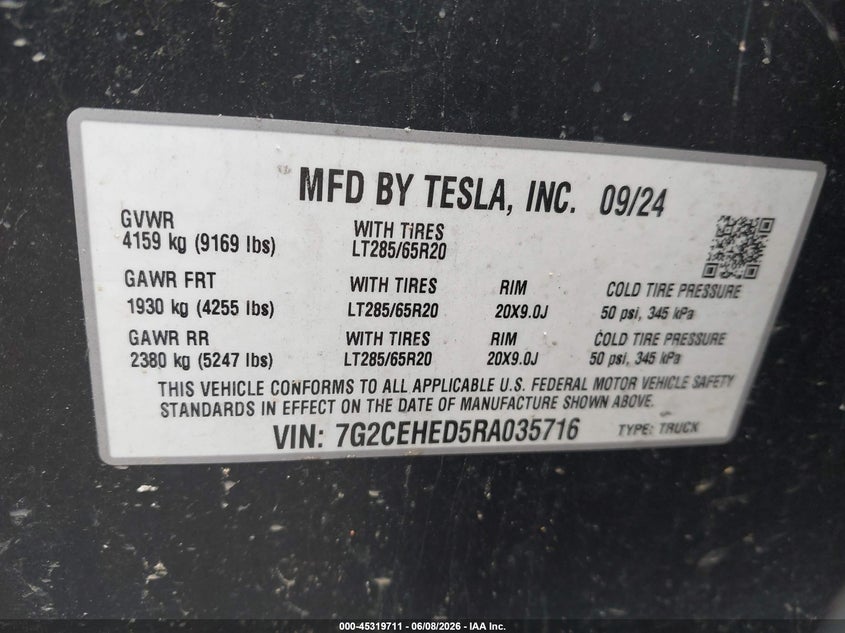 2024 Tesla Cybertruck All-Wheel Drive VIN: 7G2CEHED5RA035716 Lot: 45319711