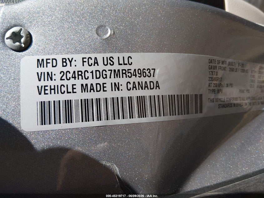 CHRYSLER VOYAGER 2021 VIN 2C4RC1DG7MR549637
