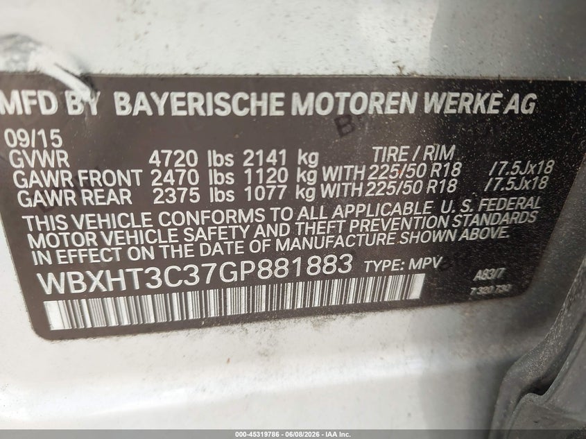 2016 BMW X1 xDrive28I VIN: WBXHT3C37GP881883 Lot: 45319786