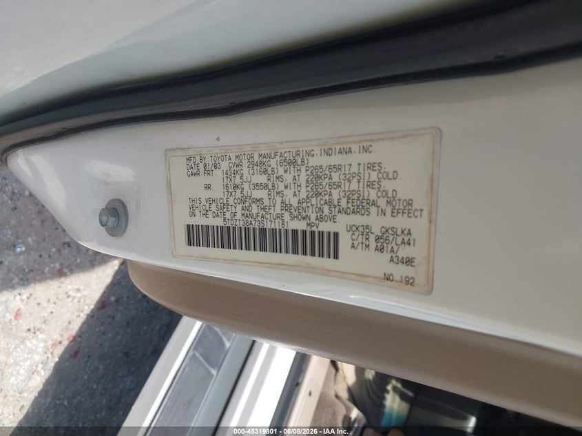 2003 Toyota Sequoia Limited V8 VIN: 5TDZT38A73S171181 Lot: 45319801