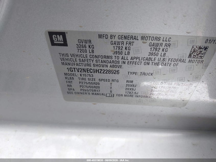 GMC SIERRA 1500 2017 VIN 1GTV2NEC9HZ228926