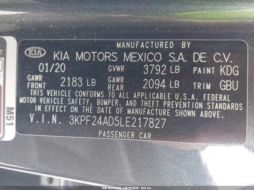 VIN 3KPF24AD5LE217827 2020 KIA FORTE LXS