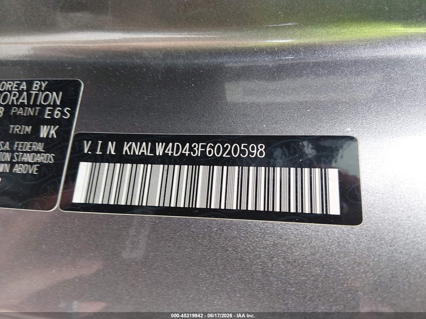 2015 Kia K900 Luxury VIN: KNALW4D43F6020598 Lot: 45319942