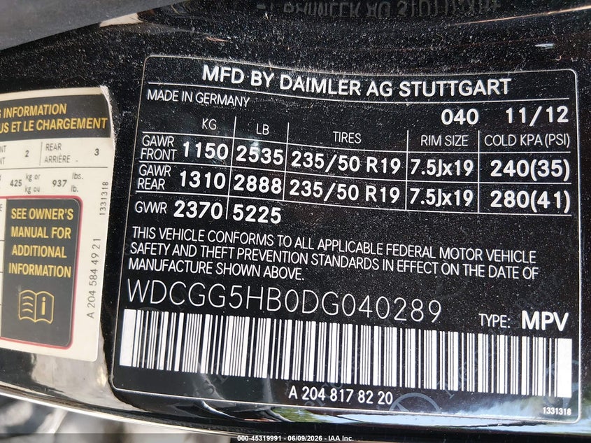 2013 Mercedes-Benz Glk 350 VIN: WDCGG5HB0DG040289 Lot: 45319991