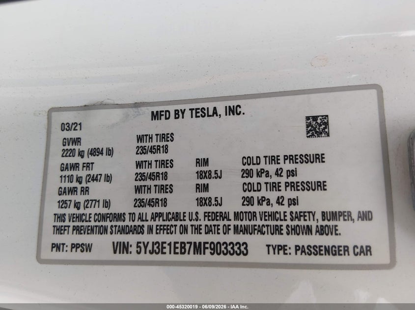 2021 TESLA MODEL 3 ELECTRIC(VIN: 5YJ3E1EB7MF903333