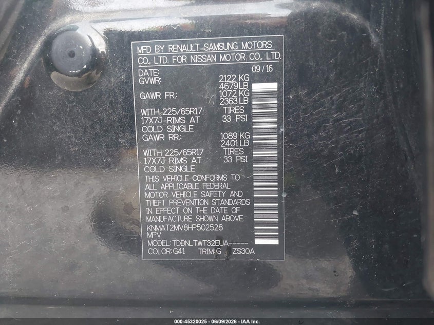 VIN KNMAT2MV8HP502528 2017 NISSAN ROGUE SV
