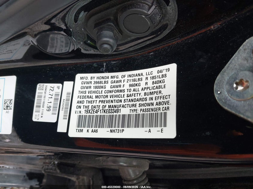 2019 Honda Insight Lx VIN: 19XZE4F17KE033491 Lot: 45320080