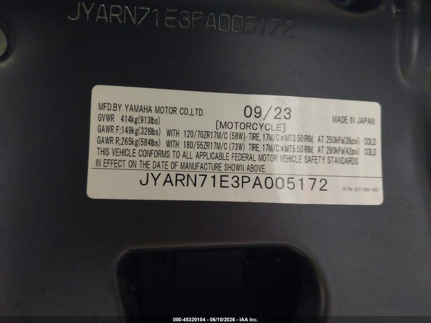 2023 Yamaha Mt09 VIN: JYARN71E3PA005172 Lot: 45320104