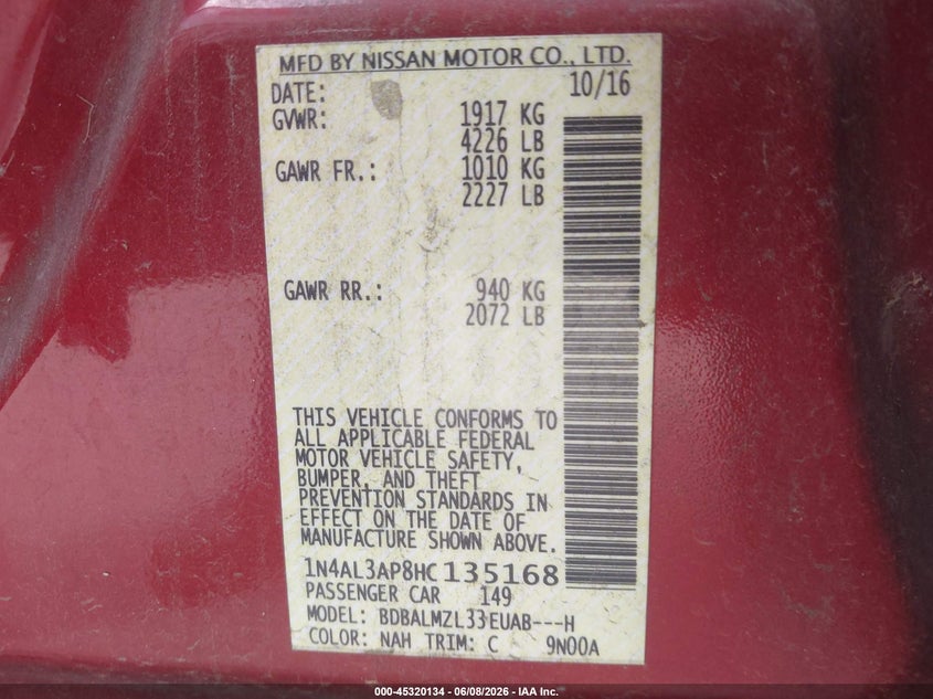 VIN 1N4AL3AP8HC135168 2017 NISSAN ALTIMA 2.5 SV