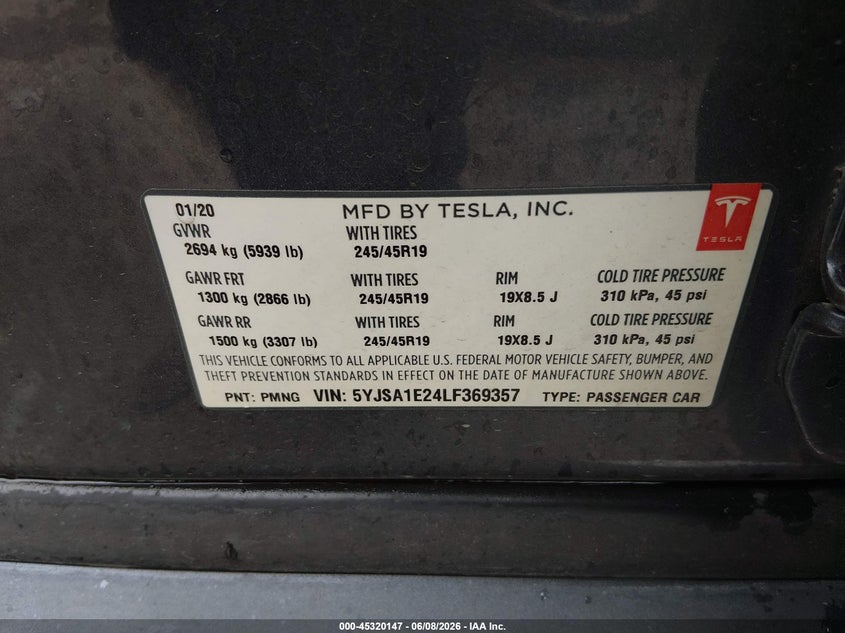 2020 Tesla Model S Long Range Dual Motor All-Wheel Drive/Long Range Plus Dual Motor All-Wheel Drive VIN: 5YJSA1E24LF369357 Lot: 45320147