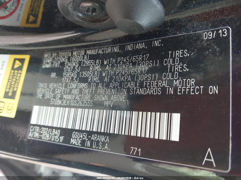 2013 TOYOTA HIGHLANDER SPORT UTILITY VEHICLE 3.5L V-6 DOHC, VVT, 270HP