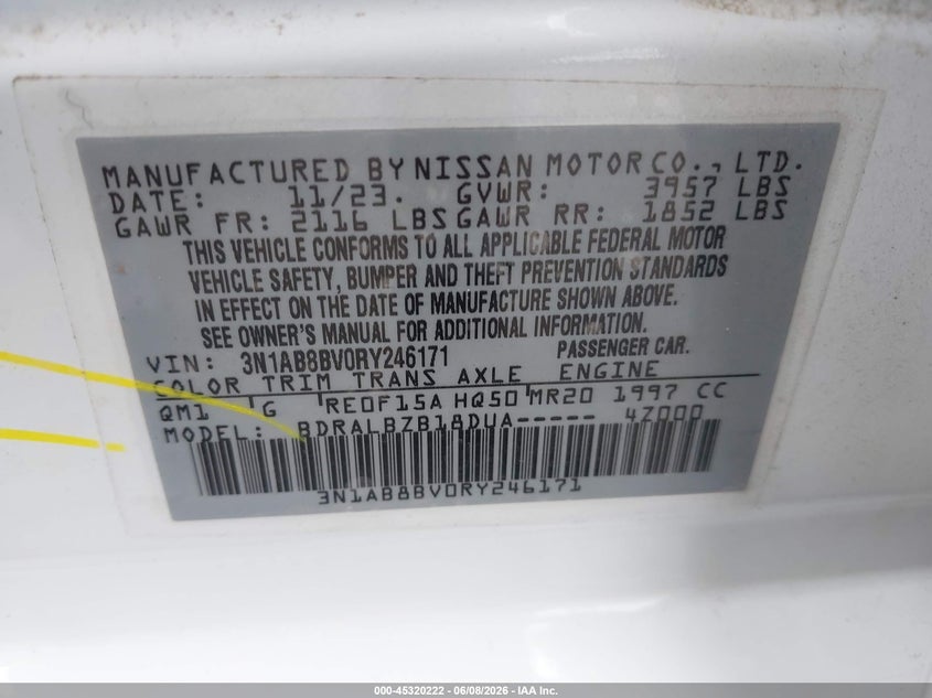 VIN 3N1AB8BV0RY246171 2024 NISSAN SENTRA S XTRONIC CVT