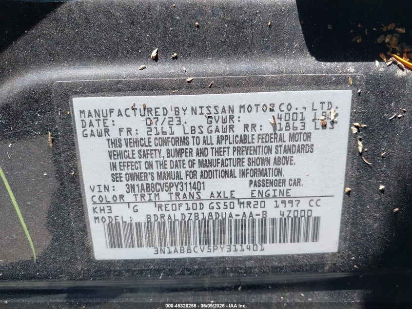 VIN 3N1AB8CV5PY311401 2023 NISSAN SENTRA SV XTRONIC CVT