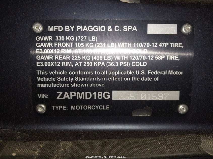 2025 Vespa Primavera/Sprint 150 VIN: ZAPMD18G3S5101597 Lot: 45320269