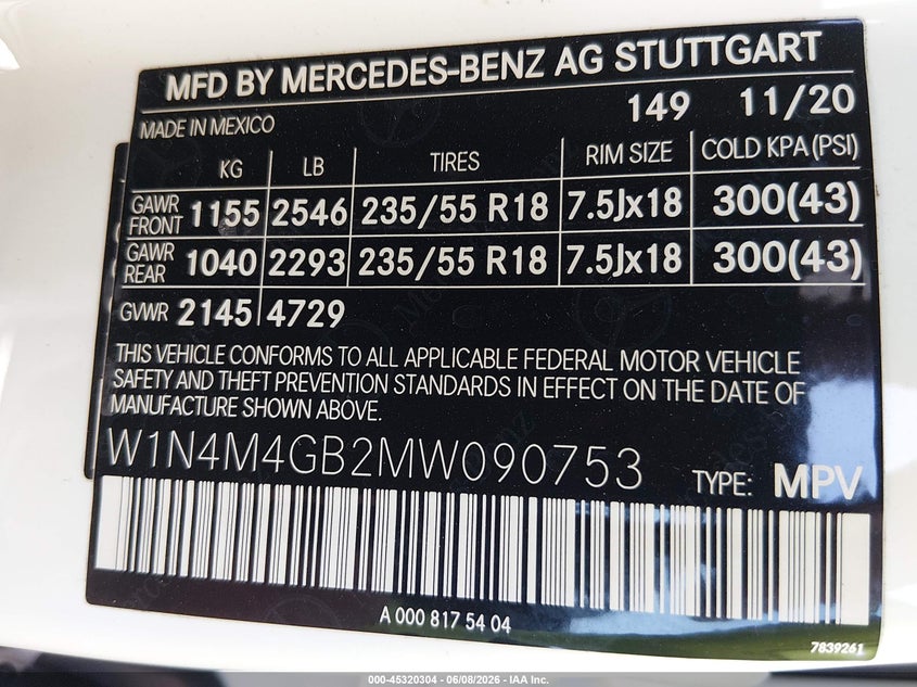 2021 Mercedes-Benz Glb 250 VIN: W1N4M4GB2MW090753 Lot: 45320304