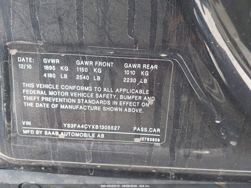 2011 SAAB 9-3 SEDAN 2.0L I-4 DOHC, TURBO, 210HP