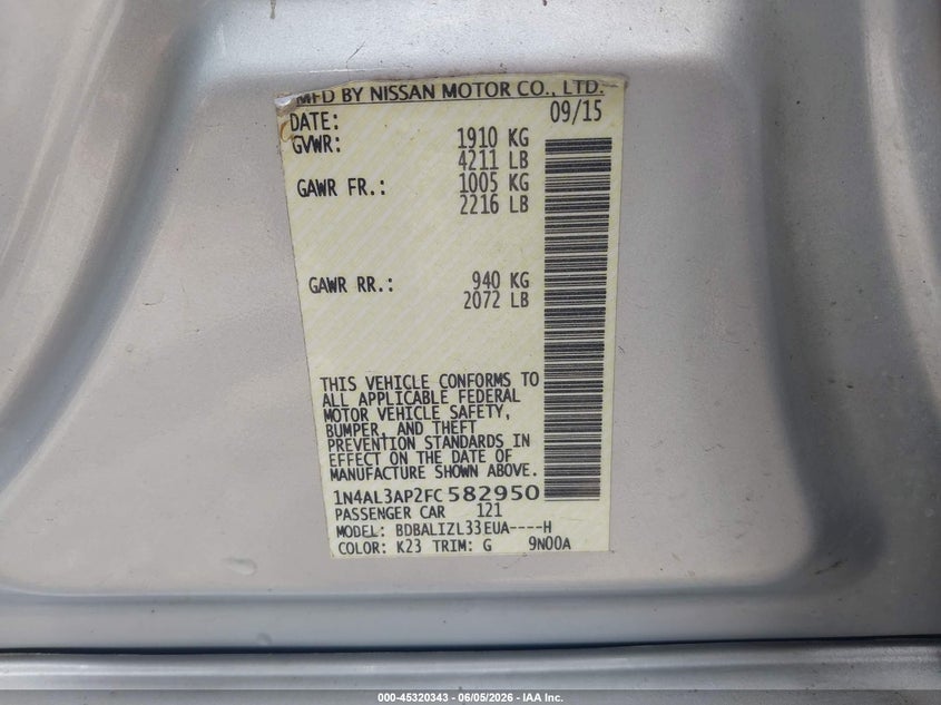 2015 Nissan Altima 2.5 Sv VIN: 1N4AL3AP2FC582950 Lot: 45320343