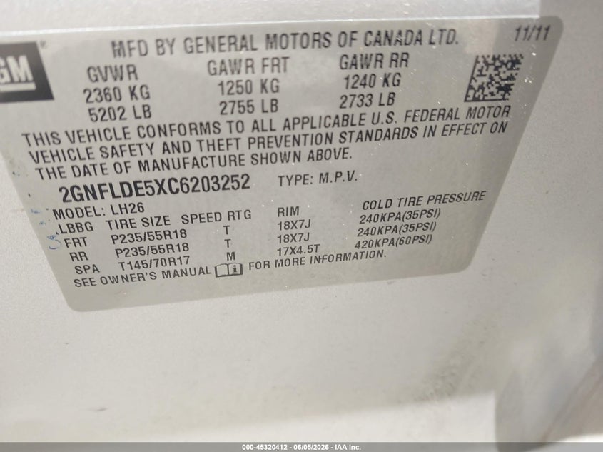 2012 Chevrolet Equinox 3.0 1Lt silver Lot 111045320412 Vin 2GNFLDE5XC6203252