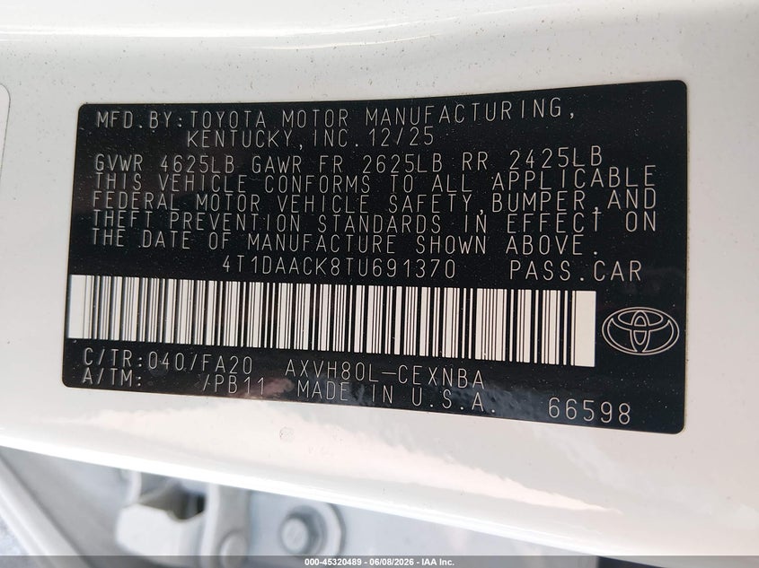 2026 TOYOTA CAMRY 2.5L I-4 DI, DOHC, V(VIN: 4T1DAACK8TU691370