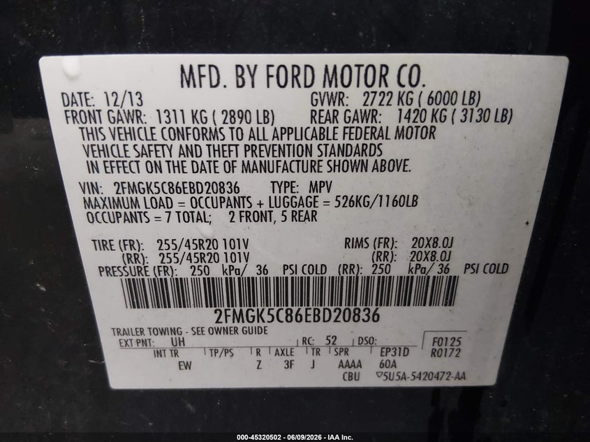 2014 Ford Flex Sel VIN: 2FMGK5C86EBD20836 Lot: 45320502
