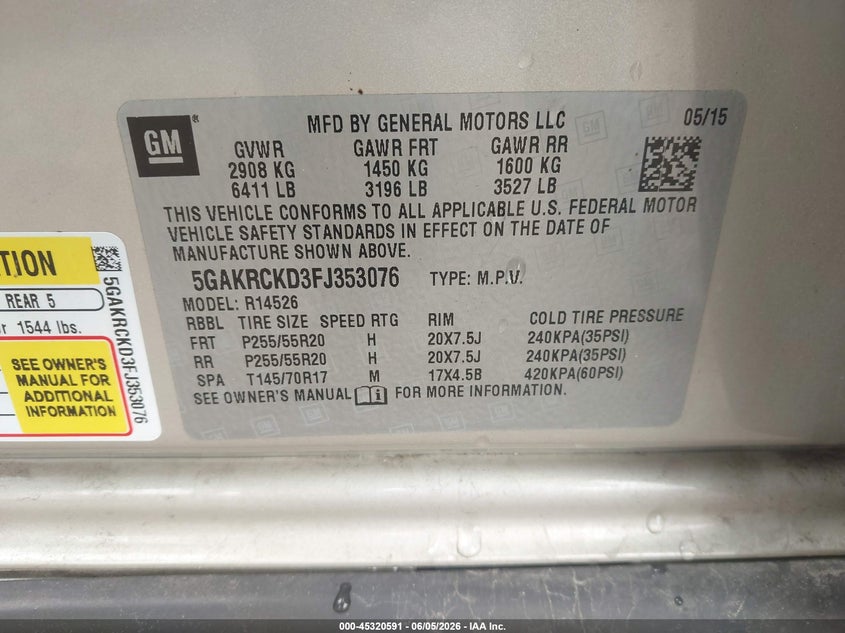 2015 Buick Enclave Premium VIN: 5GAKRCKD3FJ353076 Lot: 45320591