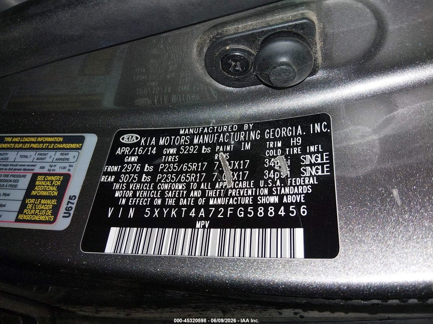 2015 Kia Sorento Lx V6 VIN: 5XYKT4A72FG588456 Lot: 45320598