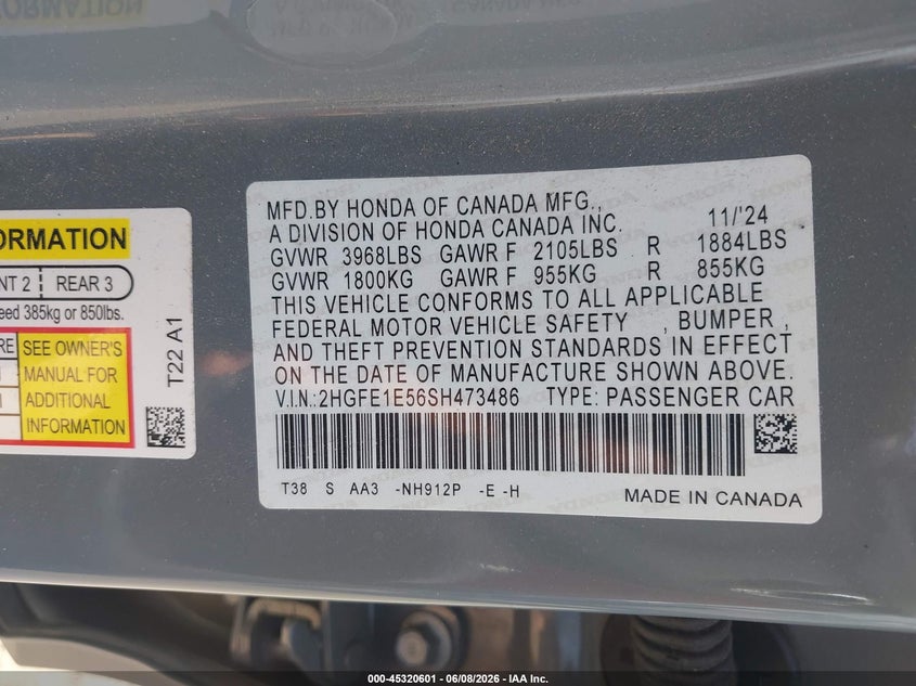 2025 HONDA CIVIC SI 1.5L I-4 DI, DOHC, V(VIN: 2HGFE1E56SH473486