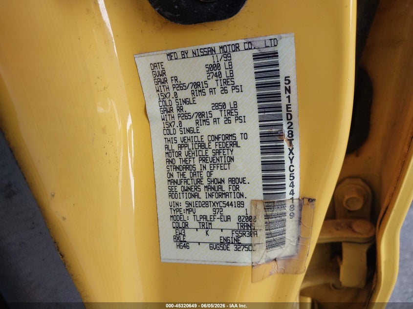 2000 Nissan Xterra Se/Xe VIN: 5N1ED28TXYC544189 Lot: 45320649