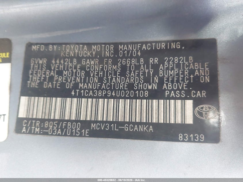 2004 Toyota Camry Solara Se V6 VIN: 4T1CA38P94U020108 Lot: 45320652