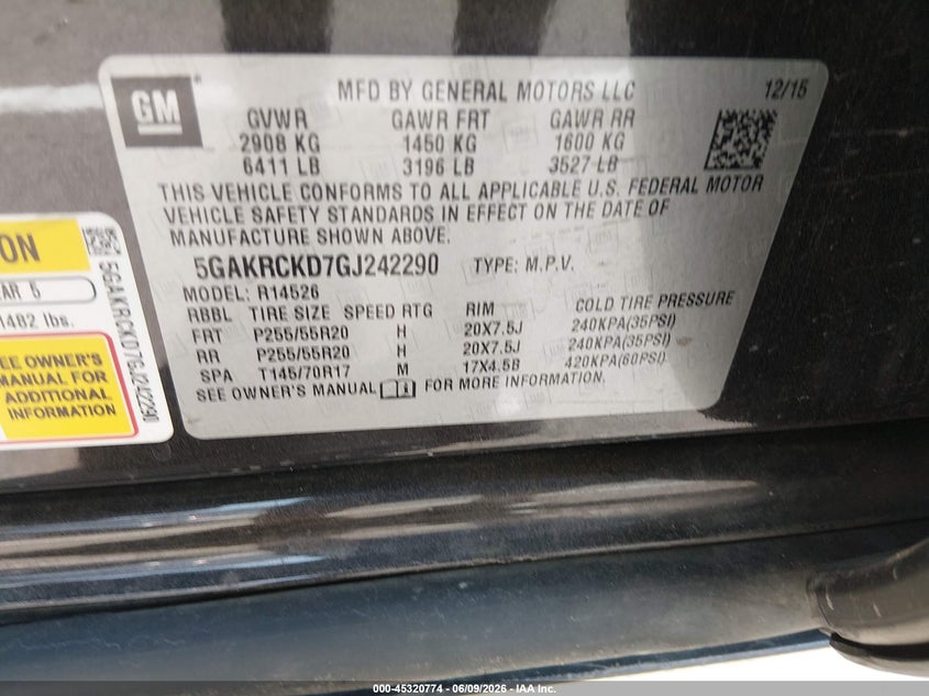 2016 Buick Enclave Premium VIN: 5GAKRCKD7GJ242290 Lot: 45320774
