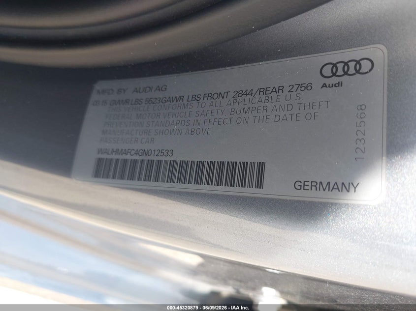2016 Audi A6 3.0L Tdi Prestige VIN: WAUHMAFC4GN012533 Lot: 45320879