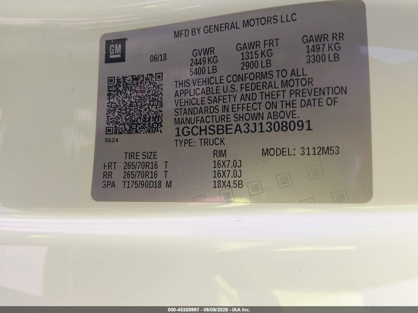 2018 Chevrolet Colorado Wt VIN: 1GCHSBEA3J1308091 Lot: 45320997