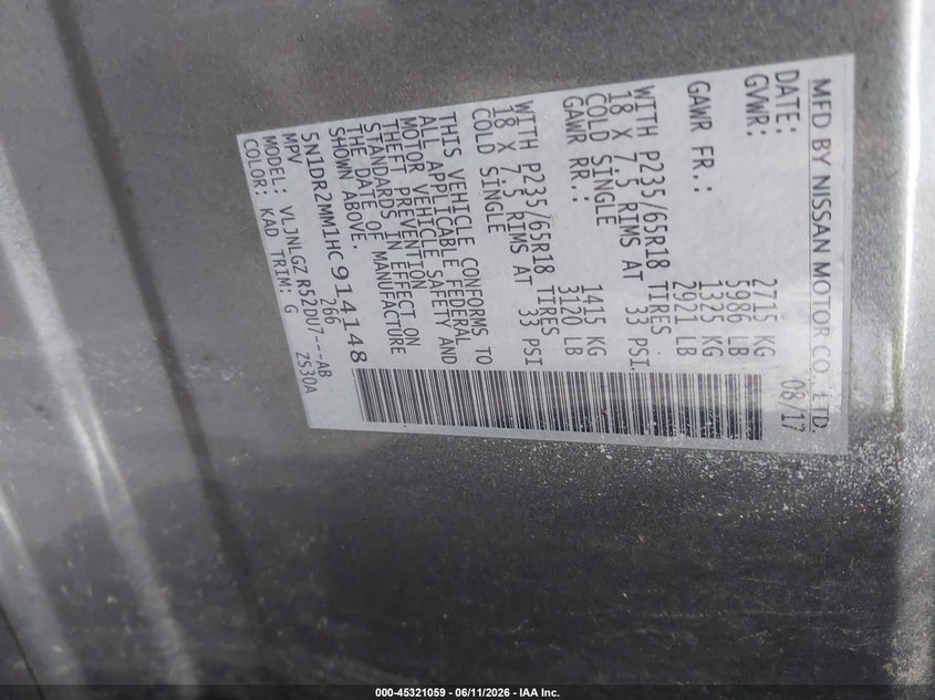 2017 Nissan Pathfinder Sl VIN: 5N1DR2MM1HC914148 Lot: 45321059