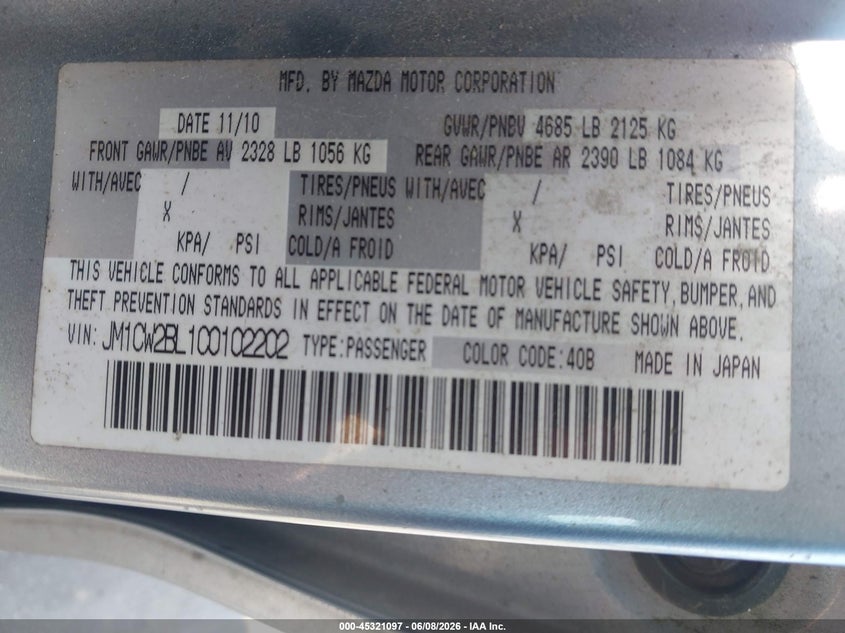 2012 Mazda Mazda5 Sport VIN: JM1CW2BL1C0102202 Lot: 45321097