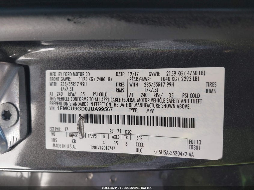 2018 Ford Escape Se VIN: 1FMCU9GD0JUA99567 Lot: 45321101