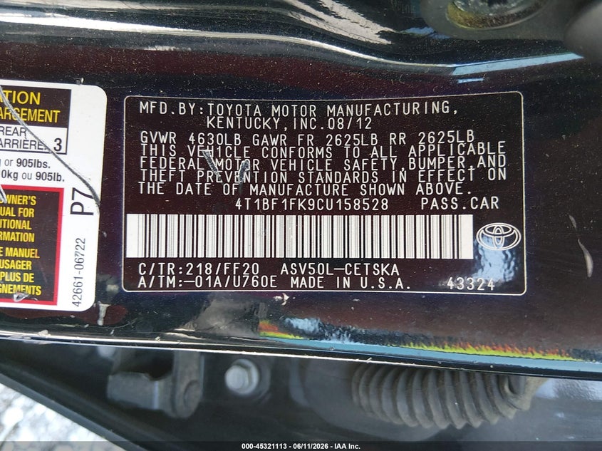 2012 TOYOTA CAMRY SE VIN: 4T1BF1FK9CU158528