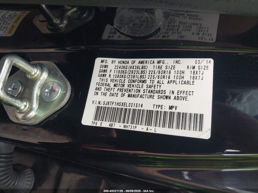 2014 Honda Crosstour Ex-L V6 VIN: 5J6TF1H5XEL001514 Lot: 45321139