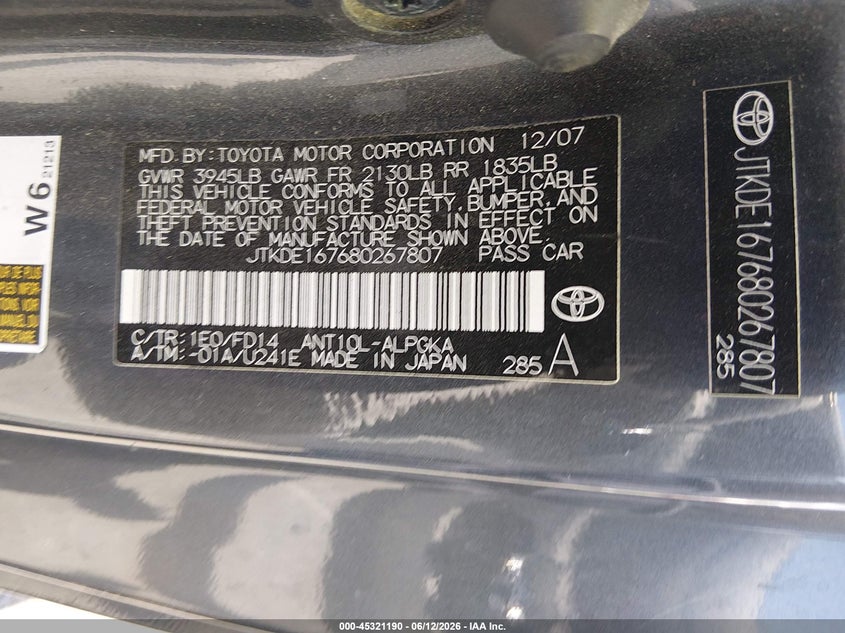 2008 Scion Tc VIN: JTKDE167680267807 Lot: 45321190