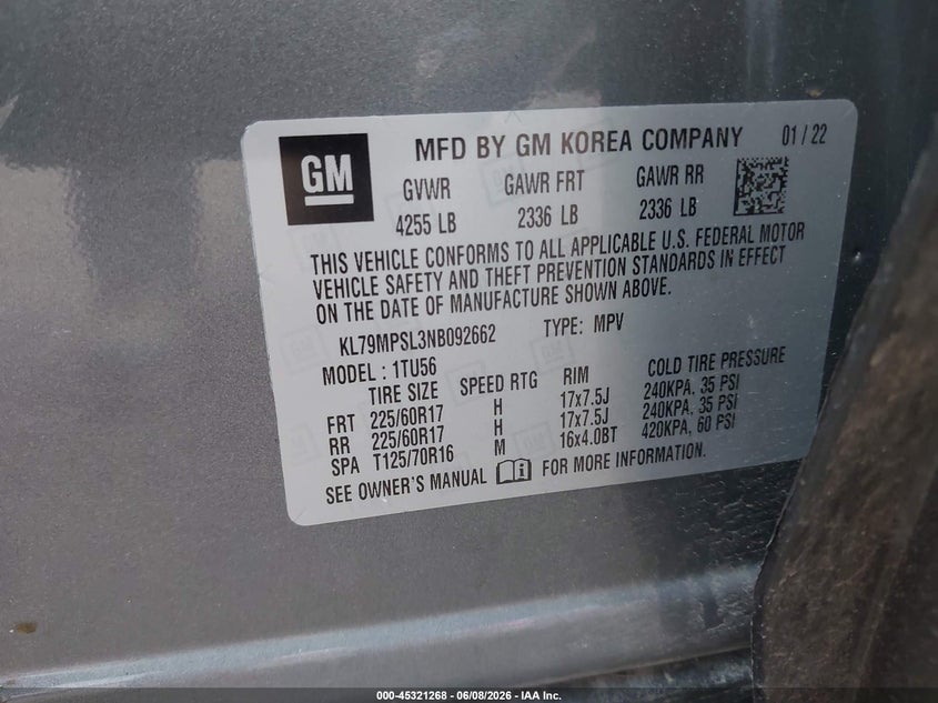 2022 CHEVROLET TRAILBLAZER 1.3L I-3 DI, DOHC, V(VIN: KL79MPSL3NB092662