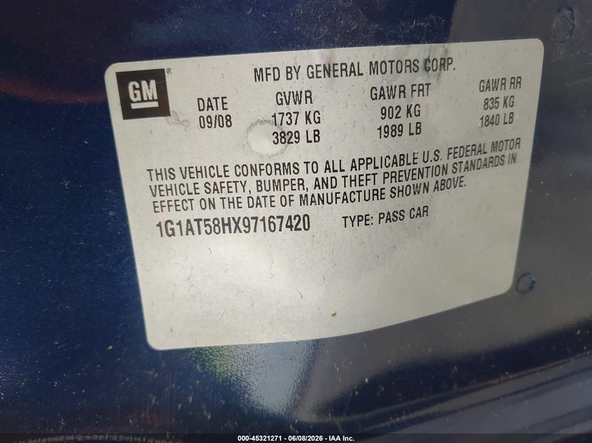 2009 Chevrolet Cobalt Lt VIN: 1G1AT58HX97167420 Lot: 45321271