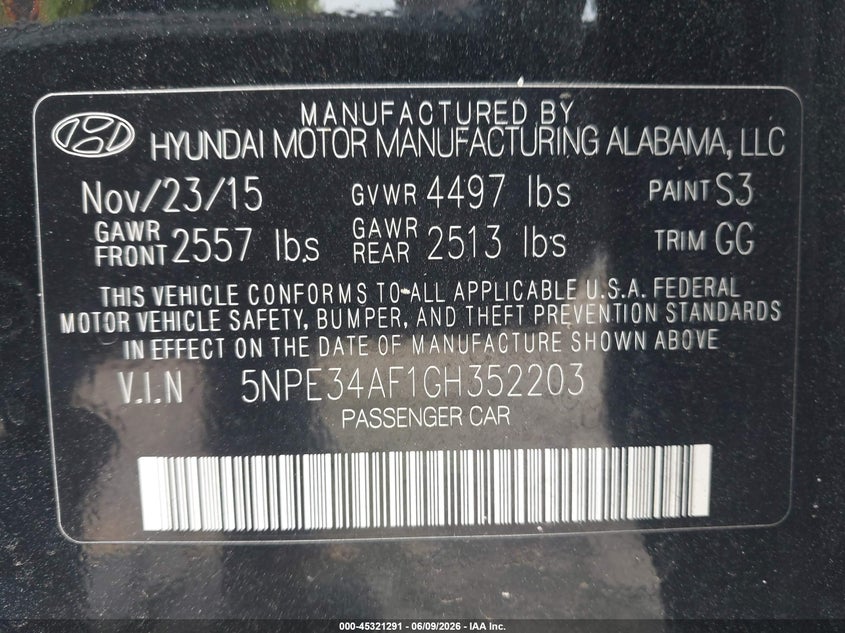 2016 Hyundai Sonata Sport VIN: 5NPE34AF1GH352203 Lot: 45321291