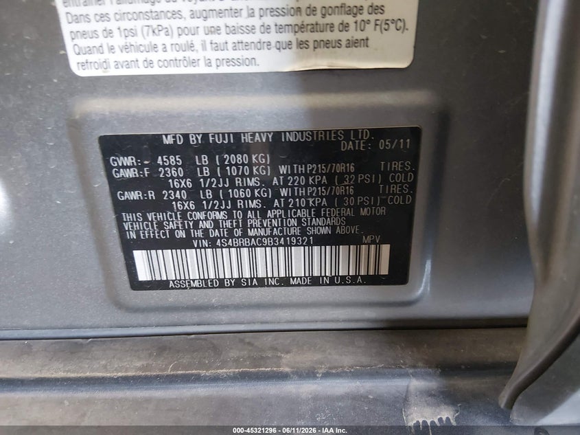 2011 Subaru Outback 2.5I VIN: 4S4BRBAC9B3419321 Lot: 45321296
