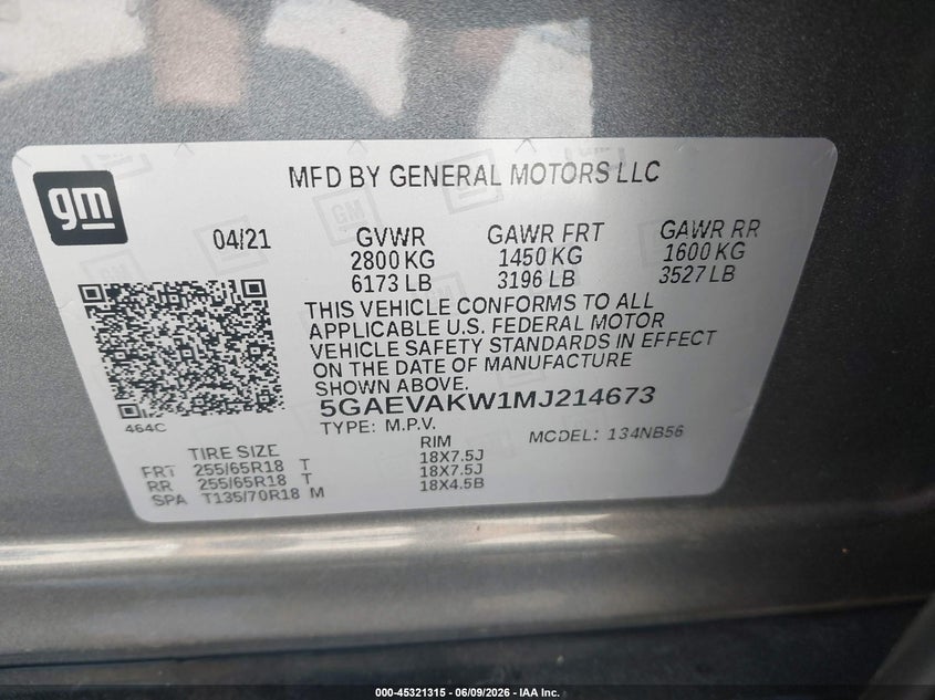 2021 BUICK ENCLAVE 3.6L V-6 DI, DOHC, V(VIN: 5GAEVAKW1MJ214673