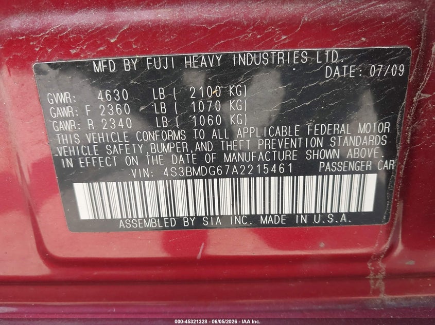 2010 Subaru Legacy 3.6R Premium VIN: 4S3BMDG67A2215461 Lot: 45321328