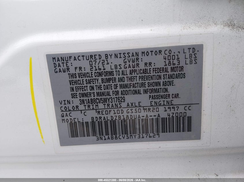 VIN 3N1AB8CV5MY317829 2021 NISSAN SENTRA SV XTRONIC CVT
