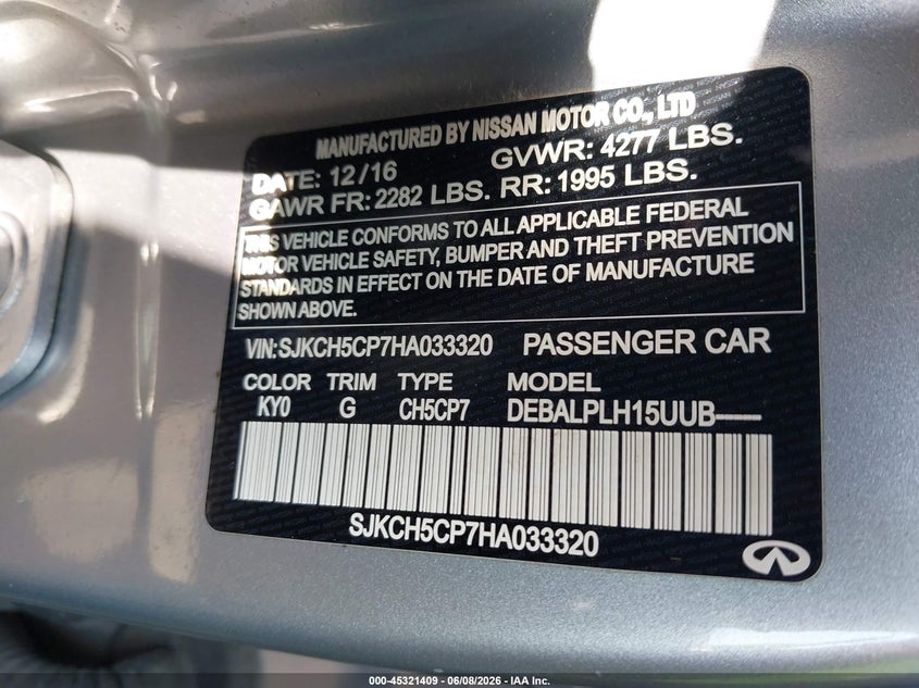 2017 Infiniti Qx30 VIN: SJKCH5CP7HA033320 Lot: 45321409
