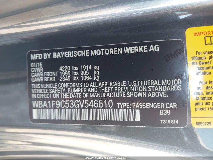 2016 BMW 228I VIN: WBA1F9C53GV546610 Lot: 45321418