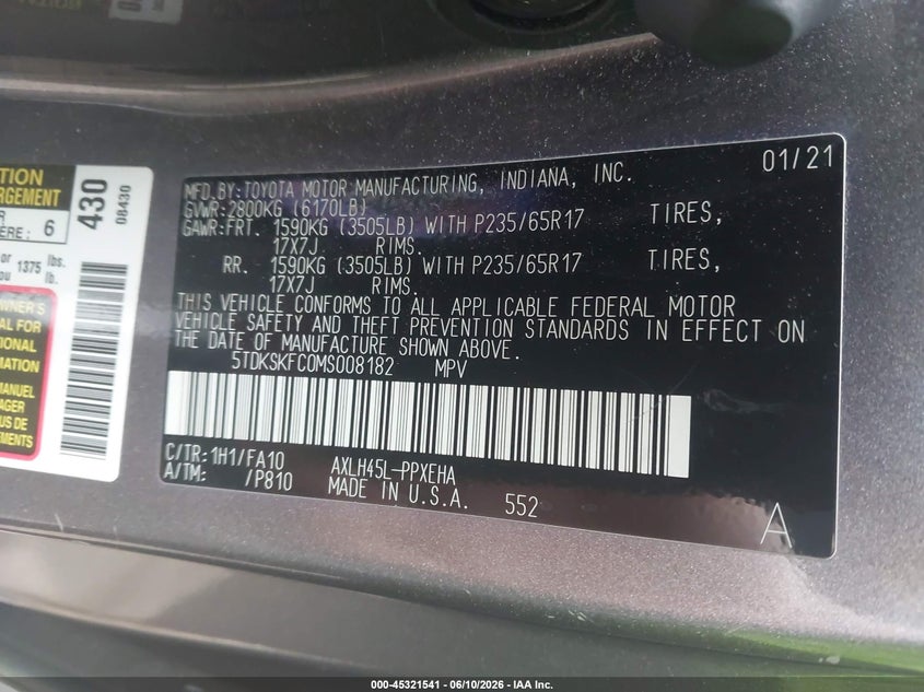 2021 Toyota Sienna Le VIN: 5TDKSKFC0MS008182 Lot: 45321541