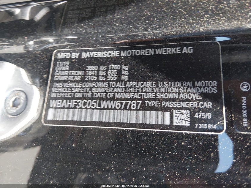 BMW Z4 2020 VIN WBAHF3C05LWW67787