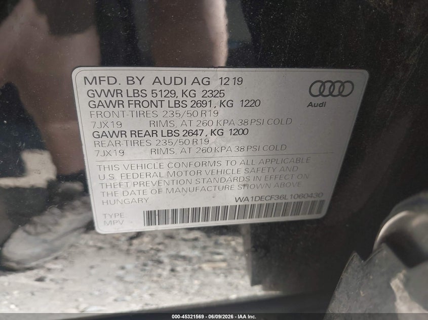 2020 AUDI Q3 SPORT UTILITY VEHICLE 2.0L I-4 DI, DOHC, VVT, TURBO, 228HP